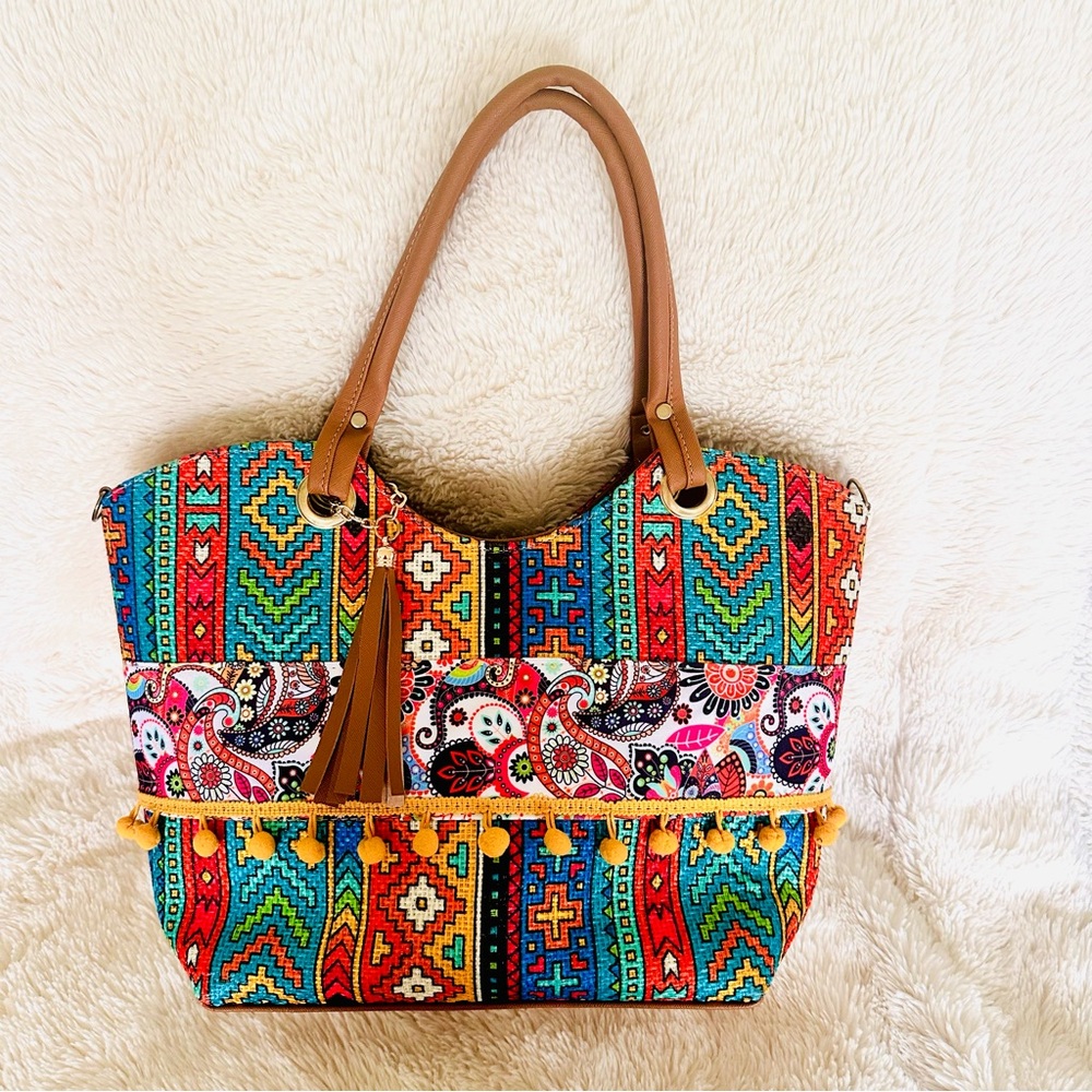 Vibrant Colorful Shoulder Bag with Pom Poms
